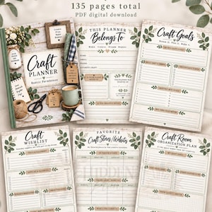 Puede incluir: Un planificador de manualidades digital titulado The Hidden Plan con 135 páginas en total. El conjunto incluye una portada y varias plantillas para objetivos, listas de deseos, tiendas favoritas y organización, con detalles de hojas verdes.
