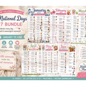 May include: A 2027 Fun National Days bundle featuring 12 printable pages from January to June. The document includes monthly calendars with daily event lists, colourful illustrations, and the text Fun National Days 2027 Bundle, 12 Pages, and US Letter 8.5 x 11.