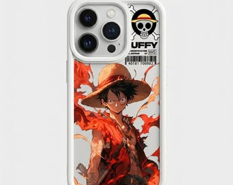 Op de afbeelding: Witte telefoonhoes met een levendige illustratie van een personage uit de anime-serie One Piece. Het ontwerp bevat een strohoed, rode accenten en de tekst "UFFY VHS". De hoes toont ook een barcode.