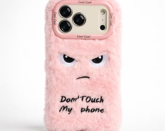 Roze pluizig iPhone-hoesje met boos gezichtje