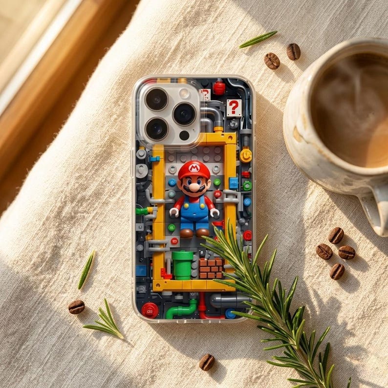 May include: Clear phone case featuring a Super Mario Bros. design. The case has a yellow and gray background with a Mario figure, green pipes, and a question mark block. The case is on a beige surface with coffee beans and a mug.
