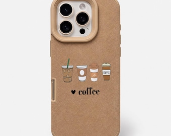 Op de afbeelding: Een bruin iPhone-hoesje met een koffiethema. De hoes heeft een getextureerde uitstraling en bevat illustraties van ijskoffie, een to-go beker en een koffiekopje. De tekst "♥ coffee" is eronder gedrukt.