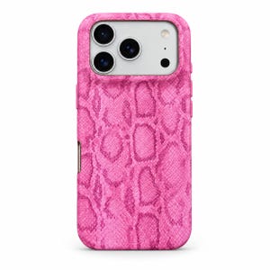 May include: A smartphone case featuring a vibrant pink snakeskin pattern. The case has a rectangular shape with rounded corners and a cutout at the top for a triple-lens camera system and flash. The texture mimics the scales of a snake.