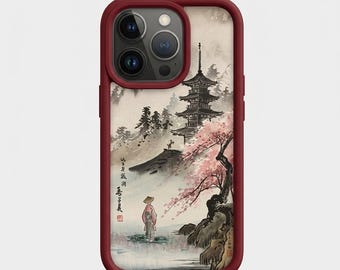Op de afbeelding: Bordeaux telefoonhoesje met een Japanse schildering. Het kunstwerk toont een pagode, kersenbloesems en een persoon in traditionele kleding. De hoes heeft een donkerrode rand en een glanzende afwerking.