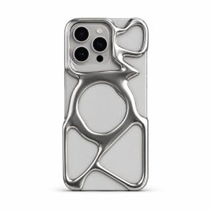 May include: A smartphone case featuring a smooth, matte white base layer overlaid with a raised, reflective silver metallic frame. The metallic element has an irregular, fluid, liquid-like organic shape that wraps around the camera module.