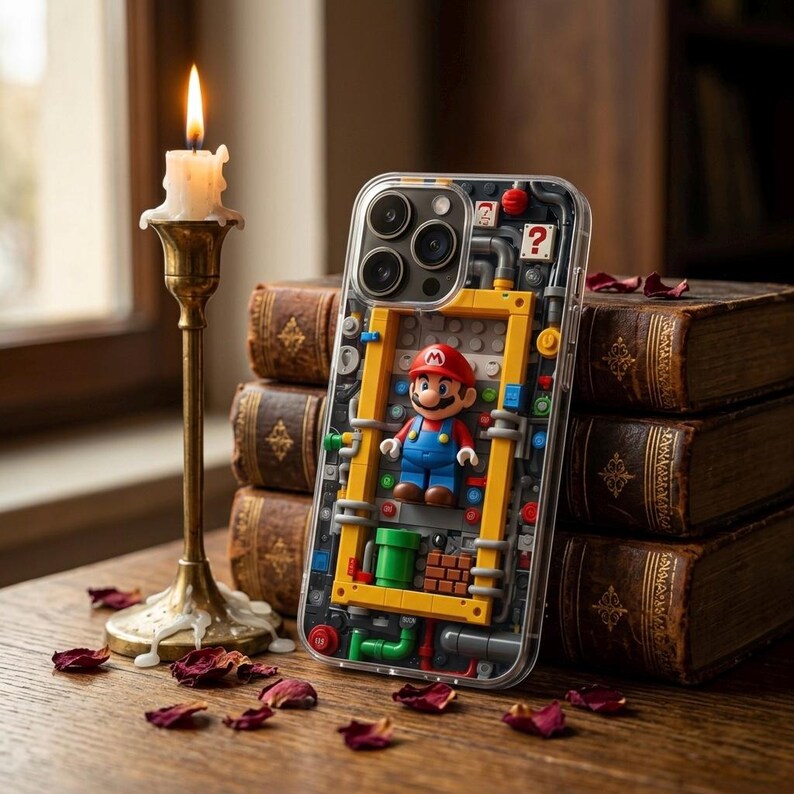 May include: A clear phone case featuring a 3D design of the video game character Mario inside a yellow and gray structure. The case has a black and gray background with red, green, and yellow accents. A lit candle and stacked books are in the background.