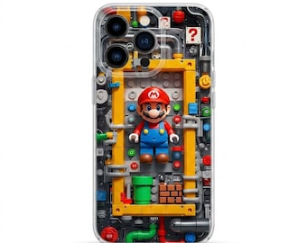 Op de afbeelding: Transparante telefoonhoes met een 3D-ontwerp met een Mario-figuur, gele en grijze mechanische elementen en een baksteenpatroon. De hoes heeft een transparante rand en een vraagteken.