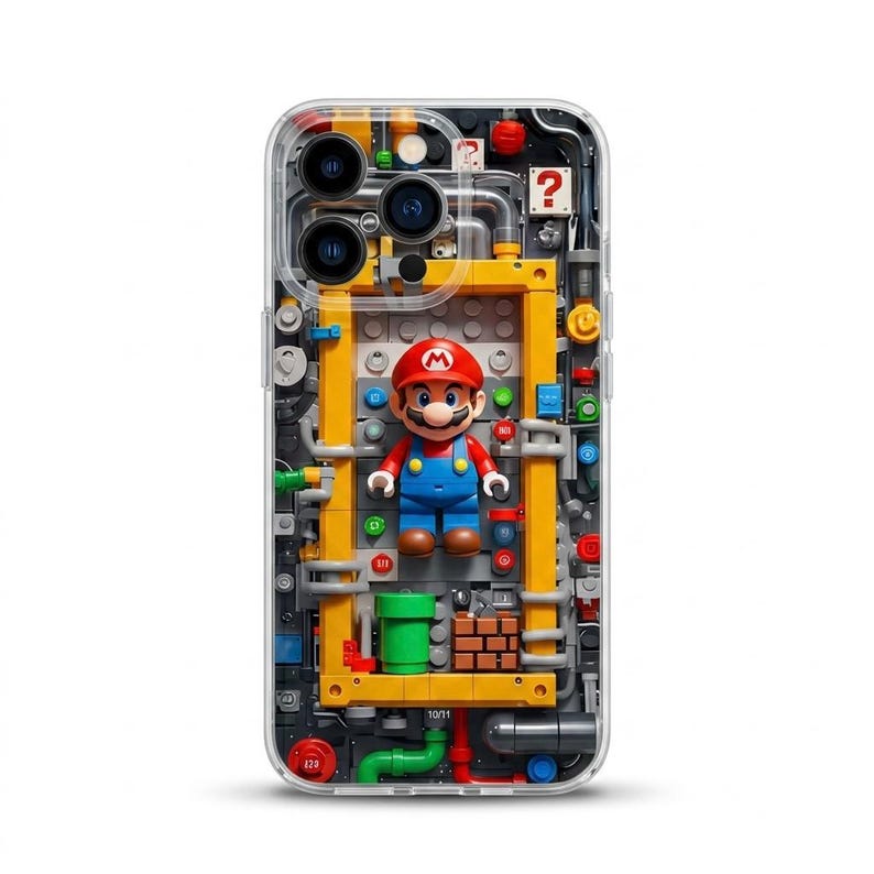 May include: Clear phone case featuring a 3D design with a Mario figurine, yellow and gray mechanical elements, and a brick pattern. The case has a transparent border and a question mark symbol.