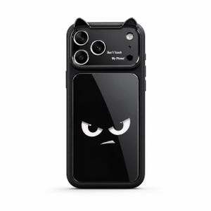 May include: A black phone case featuring a glossy back panel with a white graphic of an angry face. The top edge has two small cat-like ears. Near the camera cutout, the text "Don't Touch My Phone!" is printed in white against the black surface.