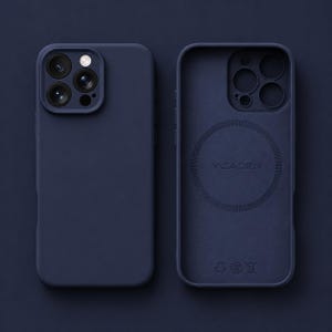 May include: A dark navy blue smartphone case shown from the front and back. The back features a raised camera cutout, while the interior displays a circular magnetic charging ring, the brand name YCADEN, and small recycling and regulatory icons.