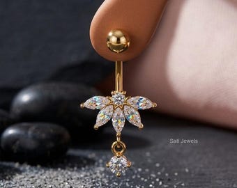 Ombligo para mujer con moissanita talla marquesa de 2 quilates y baño de oro amarillo de 14 quilates.