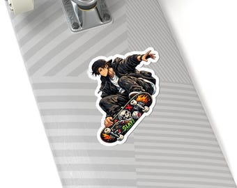 Skateboarder Graphic Kiss-Cut Sticker | Skateboard Skull Flame Design