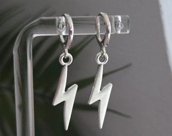 Stainless Steel Silver Tone Lightning Bolt Huggie Hoop Earrings