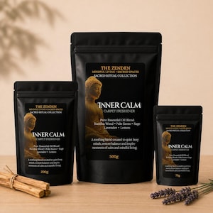 May include: Three black stand-up pouches of Inner Calm carpet freshener by The Zenden, featuring a gold Buddha graphic. The labels list Buddha Wood, Palo Santo, Sage, Lavender, and Lemon essential oils, with net weights of 500g, 200g, and 70g.