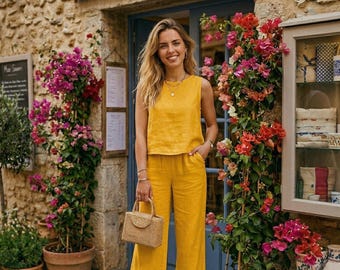 Conjunto 100% lino en amarillo brillante, top sin mangas y pantalón ancho fluido, hecho a mano en Francia, estilo boho chic, atuendo de verano provenzal.