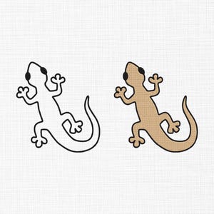 May include: Two lizard illustrations on a white background. One is a black outline, the other is tan with black accents. The lizards are stylized with curved tails and detailed feet.