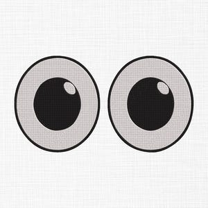May include: Two circular eyes with light gray irises and large black pupils, each featuring a small white highlight in the upper right quadrant. The eyes are outlined in a thick black border and set against a textured white background.