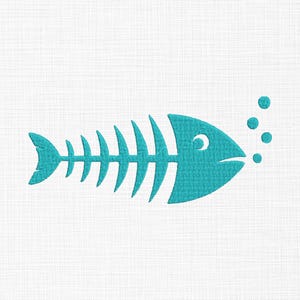 Può includere: Illustrazione di uno scheletro di pesce turchese con un occhio e tre bolle su sfondo bianco. Il design è una rappresentazione semplice e stilizzata di uno scheletro di pesce.