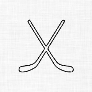 May include: Black outline illustration of two crossed hockey sticks on a white background. The sticks are positioned in an X shape, with curved blades at the bottom.
