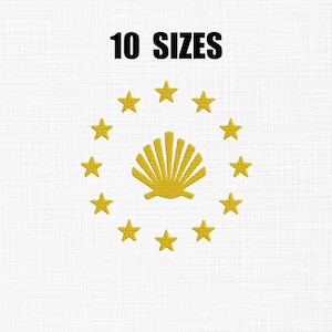 May include: A gold-colored design featuring a scallop shell surrounded by a circle of stars. The text "10 SIZES" is displayed above the design in bold, black letters. The background is a textured, off-white color.