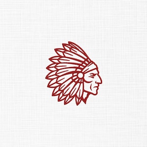 May include: A dark red line art illustration of a person in profile wearing a traditional feathered headdress. The design is centered on a white background with a subtle, fine-textured fabric pattern visible throughout the entire image area.