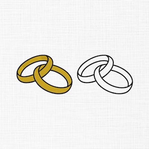 May include: Two interlocking rings are displayed side by side. The left pair is solid gold with a dark outline, while the right pair is a simple black and white line drawing. Both sets feature a smooth, circular band design with no additional details.