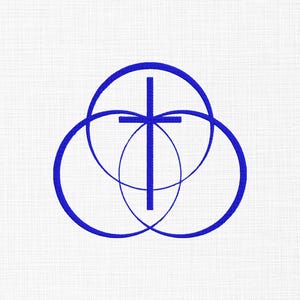 May include: A blue embroidered design featuring three overlapping circles forming a trefoil shape with a centered vertical cross. The embroidery is stitched onto a white fabric background with a visible woven texture throughout the entire surface.