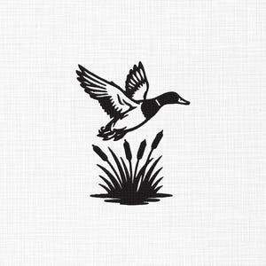 May include: A black and white illustration of a duck in flight, wings spread, above cattails. The duck is depicted in profile, with detailed wing feathers. The cattails and duck are solid black against a white background.