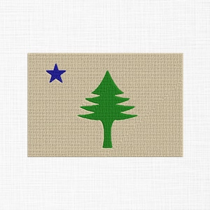 May include: A rectangular patch featuring a tan fabric base with an embroidered design. The design consists of a solid green pine tree centered in the middle and a small, solid blue five-pointed star positioned in the upper left corner.