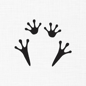 May include: Black frog footprints on a white background. The image features two sets of footprints, each with three toes, creating a playful and whimsical design. The simple, yet striking, contrast makes it suitable for various applications.