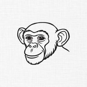 May include: A black and white line drawing of a chimpanzee's face. The chimpanzee is smiling, with detailed eyes and ears. The image is a simple, graphic illustration, perfect for wall art or a t-shirt design.