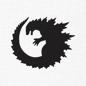 May include: Black silhouette of a monster in a circular shape. The monster has a spiky back, a long tail, and a hand reaching out. The background is white with a textured pattern.