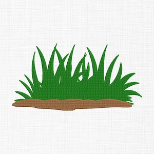 Puede incluir: Diseño bordado de un manojo de hierba verde con tierra marrón en la base. Las hojas de hierba son de un verde vibrante y la tierra es de color marrón claro. El diseño está sobre un fondo blanco.