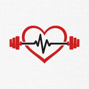 May include: A red heart-shaped design with a black heartbeat line and a red barbell. The barbell is centered horizontally, with the heart shape surrounding the heartbeat line. The design is on a white background.