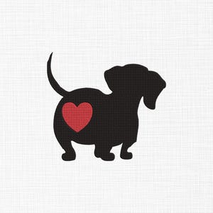 Könnte beinhalten: Schwarze Silhouette eines Dackelhundes mit einem roten Herz auf der Seite. Der Hund wird im Profil dargestellt, mit erhobenem Schwanz. Der Hintergrund ist einfarbig weiß.