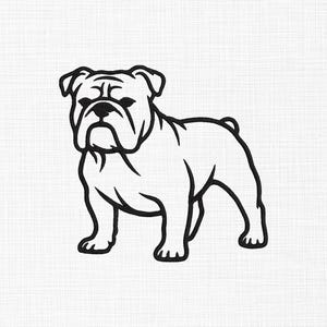 May include: A black and white line drawing of a bulldog in a standing pose. The dog has a wrinkled face, a stout body, and short legs. The image is on a white background.