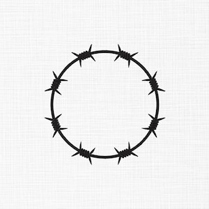 May include: A black barbed wire circle design on a white background. The barbed wire is a continuous line, forming a complete circle. The image has a minimalist aesthetic, with a focus on the contrast between the black and white.
