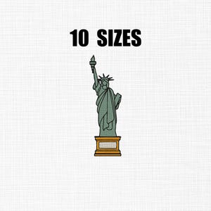May include: An embroidered patch featuring the Statue of Liberty in green, with a gold base. The text "10 SIZES" is displayed above the statue in bold black letters, set against a white background.