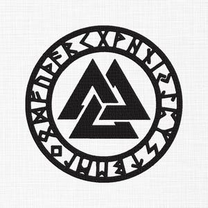 May include: A black embroidered patch featuring the Valknut symbol, which consists of three interlocking triangles, centred within a circular border containing a series of carved-style runic characters arranged in a continuous ring pattern.