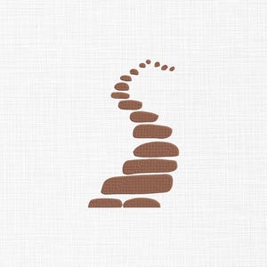 Könnte beinhalten: Stilisierte Illustration einer braunen Wendeltreppe aus gestapelten, rechteckigen Steinen. Die Treppe steigt von links unten aufsteigend, nach oben und rechts vor einem weißen, strukturierten Hintergrund.