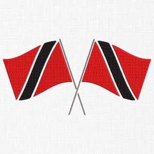 Puede incluir: Un diseño de bordado que muestra dos banderas cruzadas de Trinidad y Tobago. Cada bandera presenta un campo rojo con una franja negra diagonal bordeada por finas líneas blancas. Las banderas están unidas a postes grises que se cruzan en el centro.