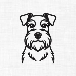 Peut inclure: Dessin au trait noir et blanc du visage d'un chien Schnauzer. Le chien a une longue barbe et des sourcils touffus, avec des oreilles tombantes et un petit nez rond. L'image est un design simple et épuré.