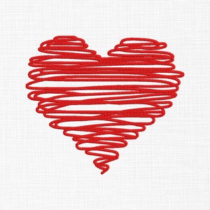 May include: A red heart shape created with a continuous, scribbled embroidery stitch pattern. The design features dense, overlapping horizontal lines that form the heart silhouette against a plain, light-colored fabric background.