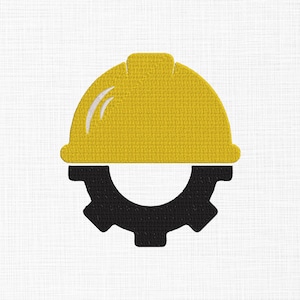 May include: Embroidered design featuring a yellow construction helmet above a black gear. The helmet has white curved accents. The design is on a white textured background, suitable for construction or engineering themes.