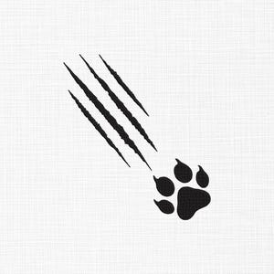 May include: Black paw print with four claw marks on a white background. The paw print has five toes. The claw marks are parallel and angled downward. The design is simple and graphic.