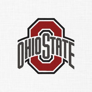 May include: An embroidered patch featuring the Ohio State logo with a large red block letter O outlined in black and white, with the words OHIO STATE in dark grey block lettering arched across the center of the design on a white fabric background.
