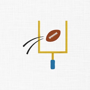 May include: An illustration of a football in mid-air, heading towards a golden goalpost. The football is brown with white stitching, and the goalpost has a blue base. Black curved lines indicate the ball's trajectory.