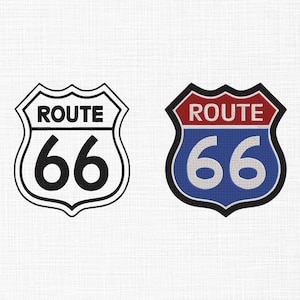 May include: Two shield-shaped Route 66 patches. The left patch is a black and white outline design. The right patch features a red top section with the word ROUTE in white, and a blue bottom section with the number 66 in white, all bordered in black.