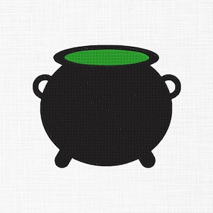 May include: A black cauldron with two side handles and three small feet, featuring a bright green liquid filling the top opening. The design has a visible embroidered texture throughout the surface, creating a distinct stitched appearance.