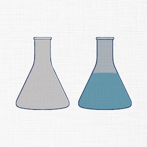 May include: Two embroidered Erlenmeyer flasks with dark blue outlines. The left flask is filled with a light gray color, while the right flask features a light gray top section and a blue liquid filling the bottom half of the glass container.